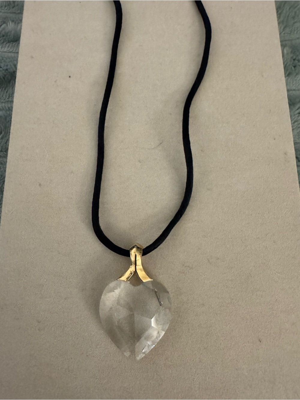 Clear Heart Crystal Pendant Necklace with Gold Bail on Black Cord